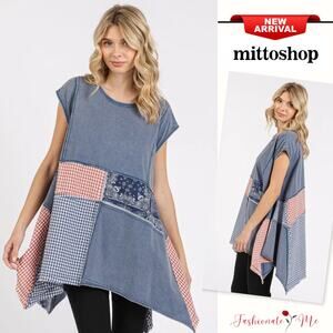 Mittoshop Patchwork Mineral Wash Round Neck Cap Sleeves Asymmetrical Top | Navy